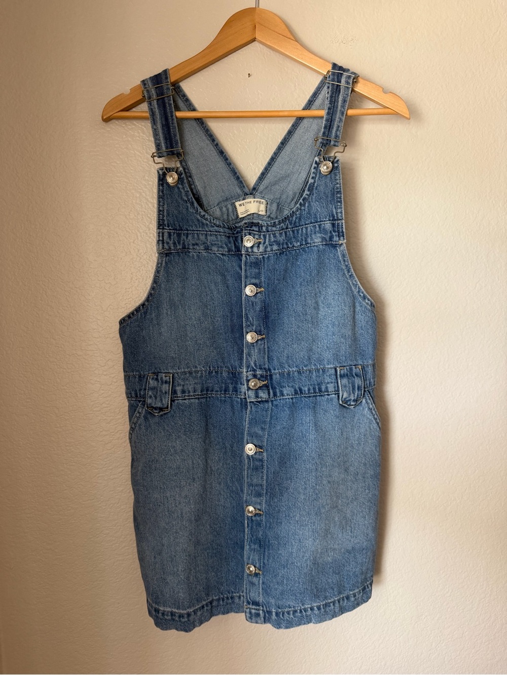 We The Free Edie Denim Skirtall Size Large Medium Blue Wash Cotton Overall Dress - Picture 2 of 9